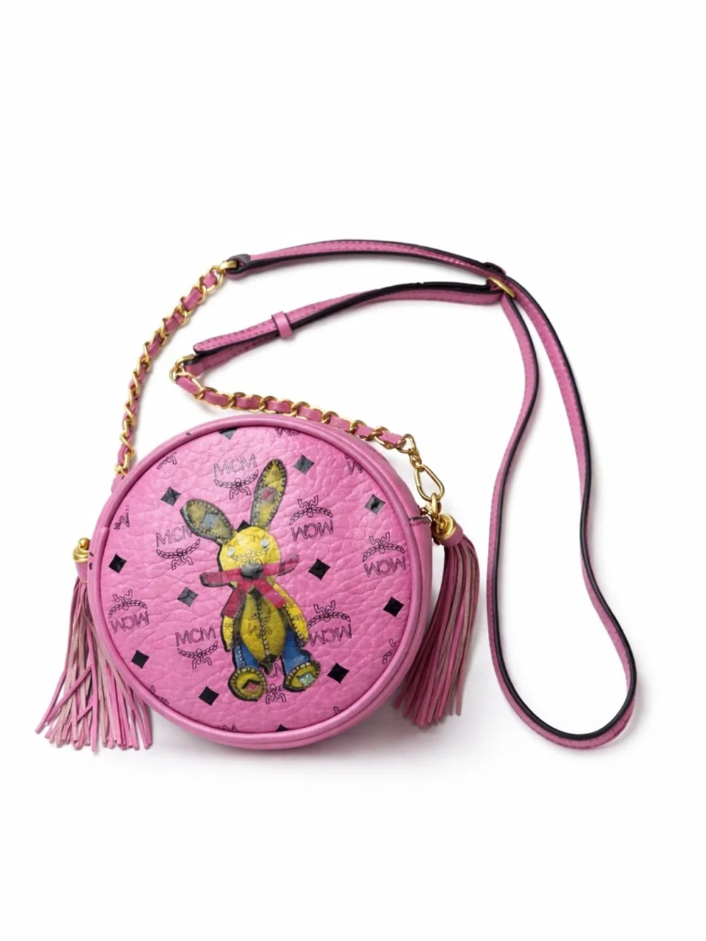 MCM Pink Rabbit Round Crossbody Tambourine Bag Visetos Tassel Chain Rare - Picture 3 of 12
